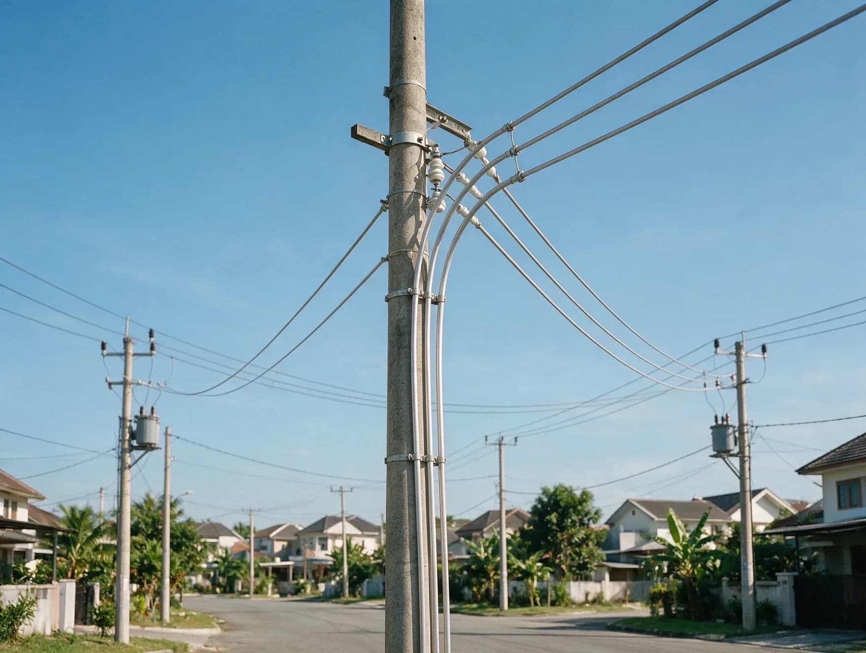 Kabel twisted aluminium terpasang pada tiang listrik di jalan perumahan